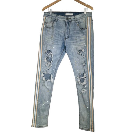 KDNK NORIEGA STRIPED SIDE PANEL JEANS Mens 34 Stretch Skinny Distressed D18 - Picture 3 of 11